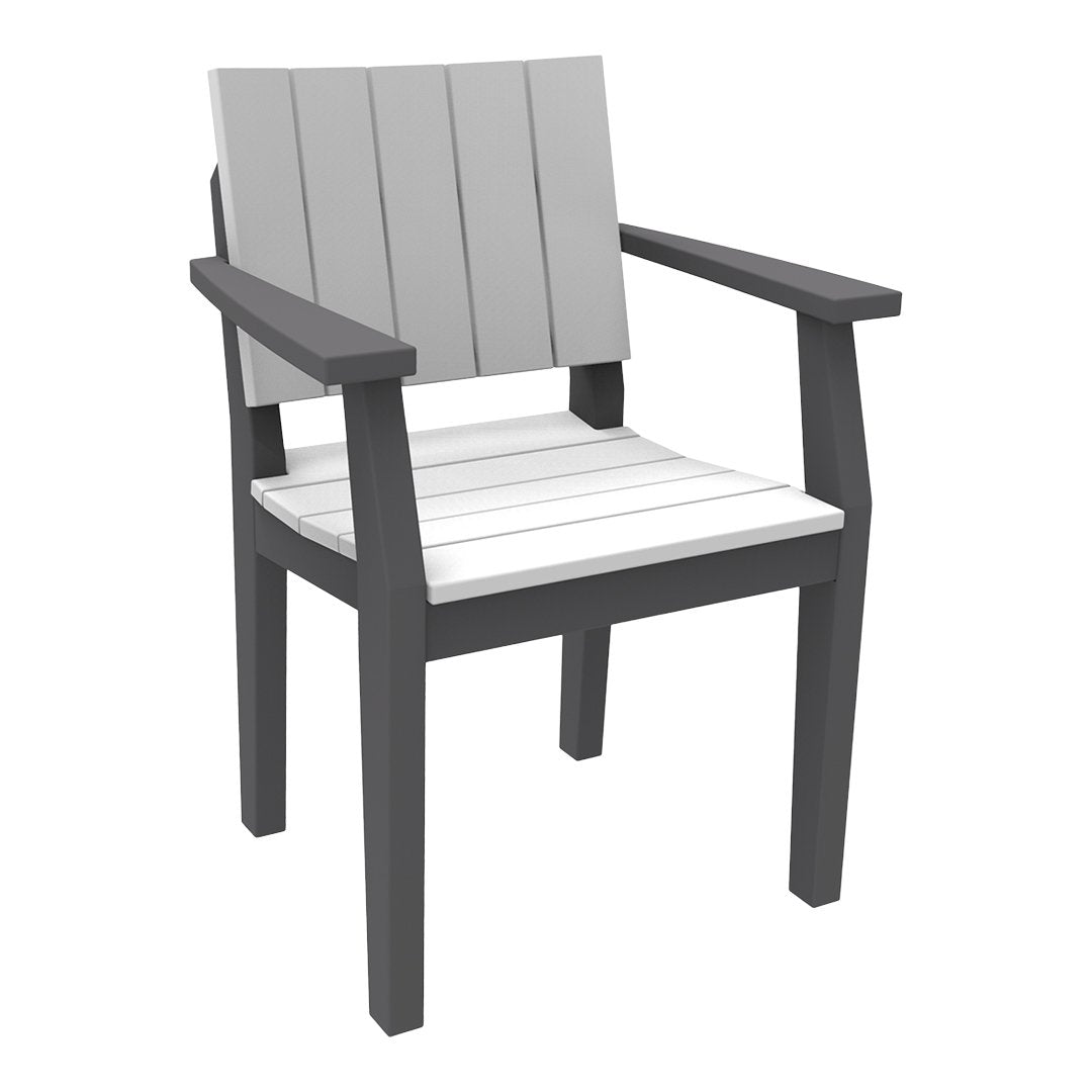 Gray and white slatted outdoor chair with a sleek, modern design and dark gray arms. Perfect for patios or gardens.