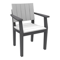 Gray and white slatted outdoor chair with a sleek, modern design and dark gray arms. Perfect for patios or gardens.
