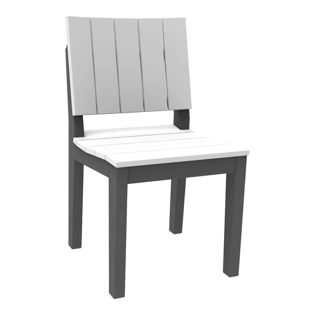 Gray and white slatted outdoor chair with a sleek, modern design and sturdy dark gray legs. Perfect for patio decor.