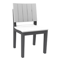 Gray and white slatted outdoor chair with a sleek, modern design and sturdy dark gray legs. Perfect for patio decor.