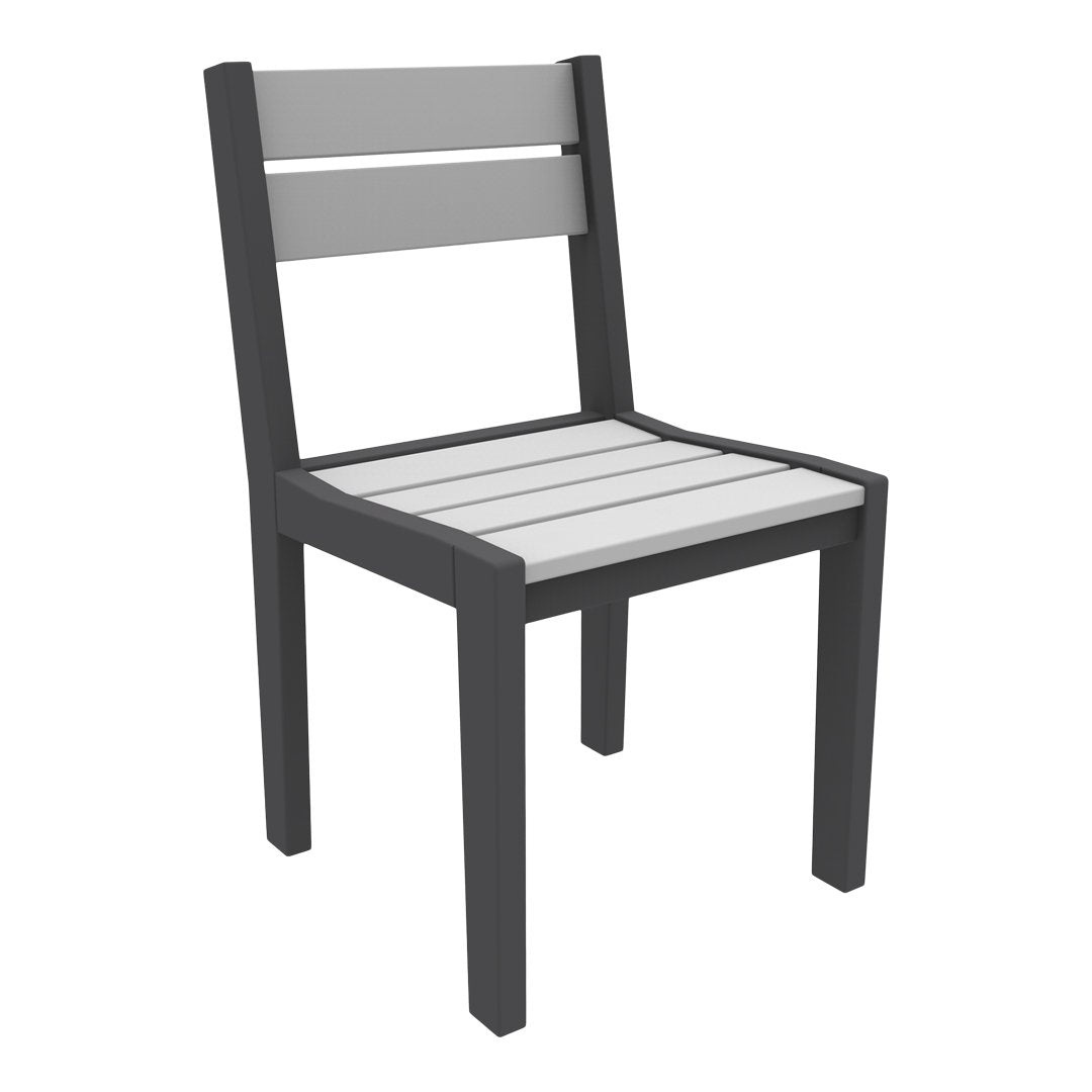 Gray and white striped outdoor chair with a sleek modern design and sturdy black frame, perfect for patio decor.