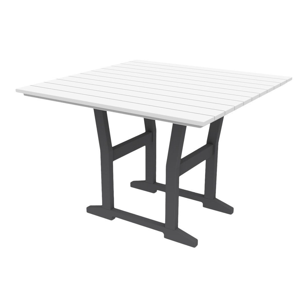 White slatted tabletop with a sleek gray metal base, perfect for modern outdoor or indoor settings.