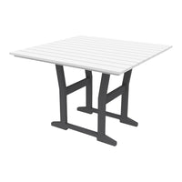 White slatted tabletop with a sleek gray metal base, perfect for modern outdoor or indoor settings.