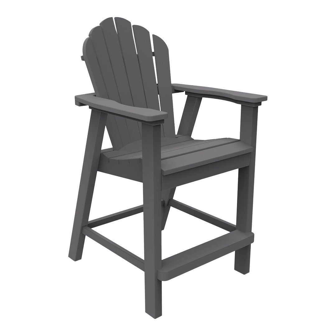 Gray adirondack chair with a classic slatted design and wide armrests, perfect for outdoor seating.