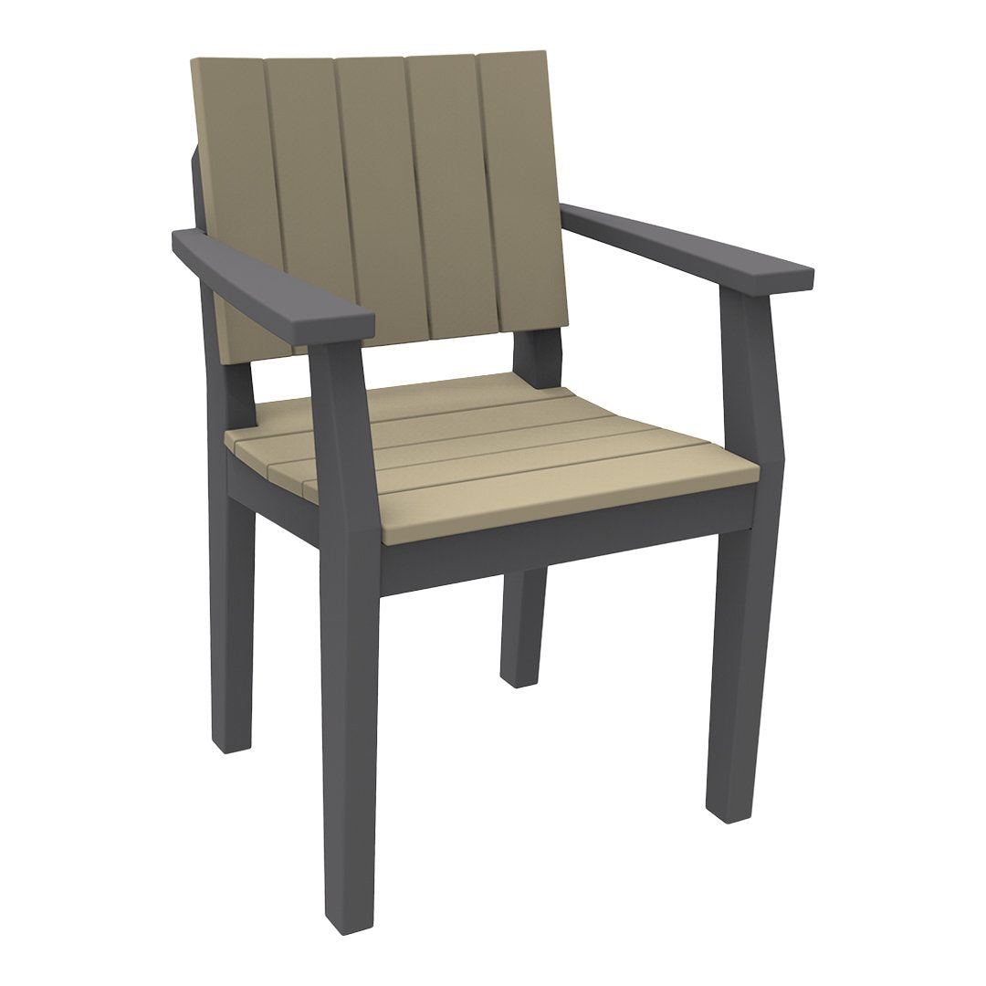 Stylish patio chair with a taupe slatted seat and dark gray frame, perfect for outdoor decor. 