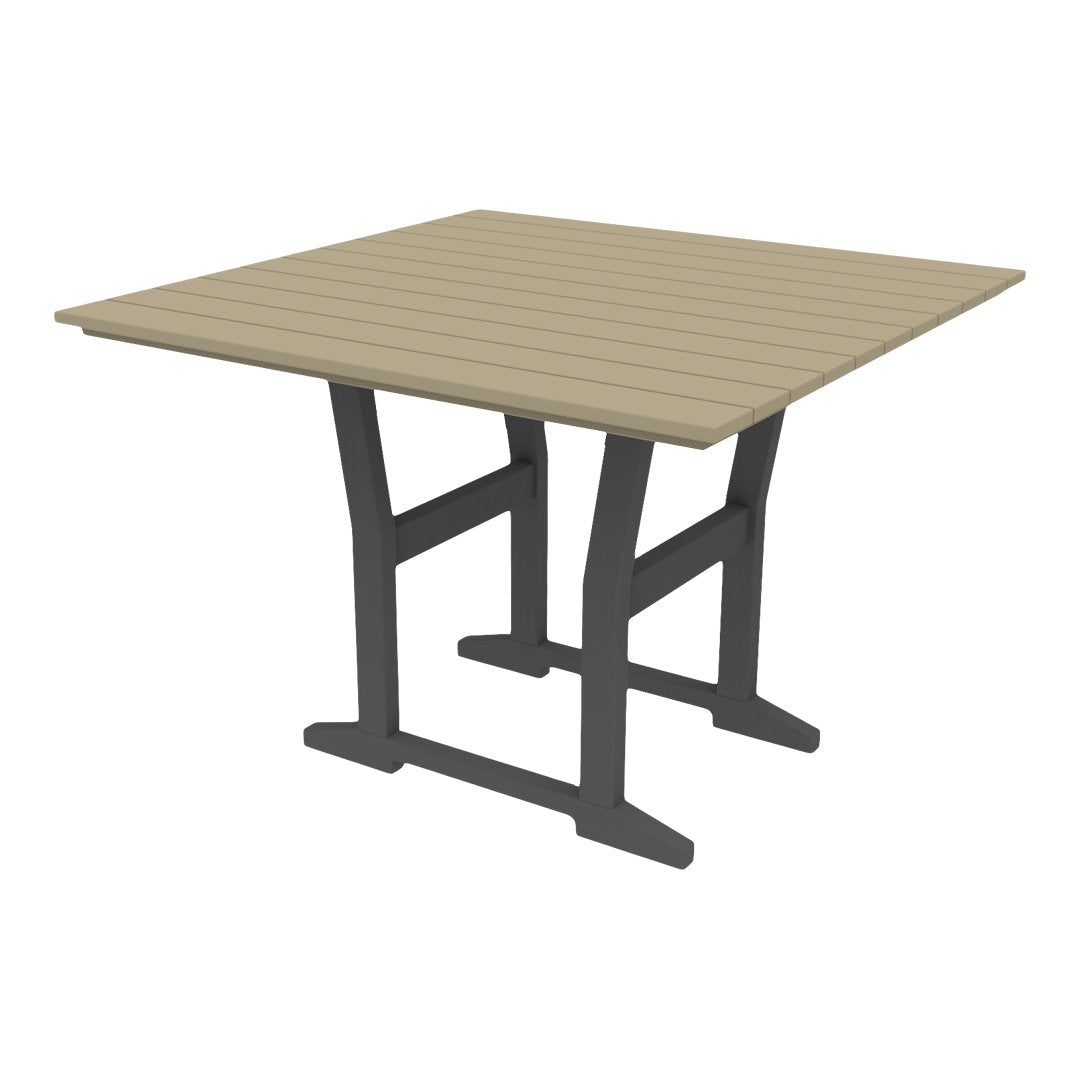 Square outdoor table featuring a taupe slatted top and a sleek gray frame. Perfect for patios and dining areas.
