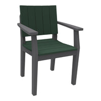 Green slatted seat and back chair with gray armrests and legs, perfect for outdoor settings.