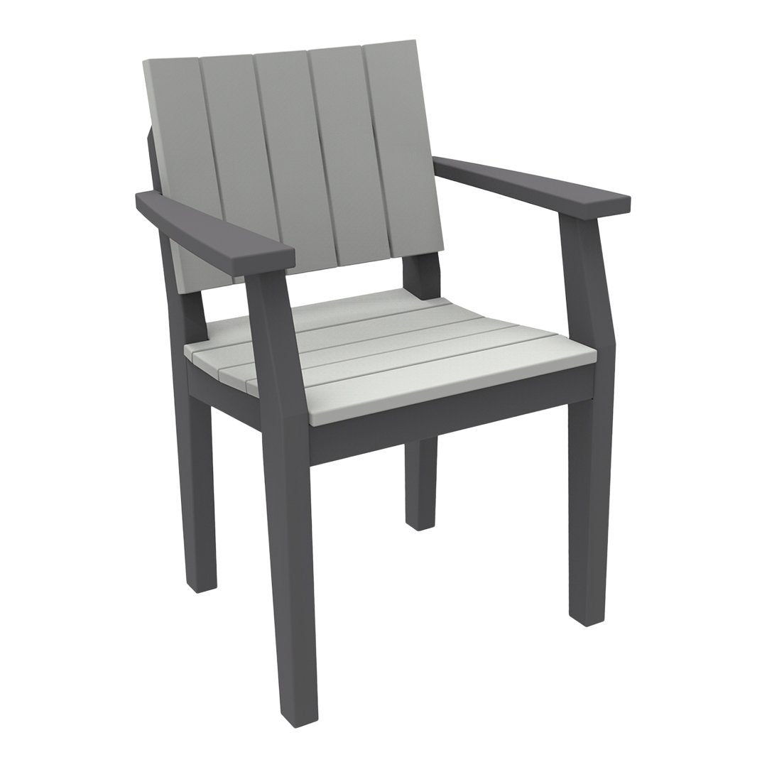 Gray and light gray striped outdoor chair with sleek armrests and a modern design. Ideal for patios or gardens.