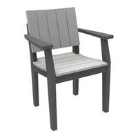 Gray and light gray striped outdoor chair with sleek armrests and a modern design. Ideal for patios or gardens.
