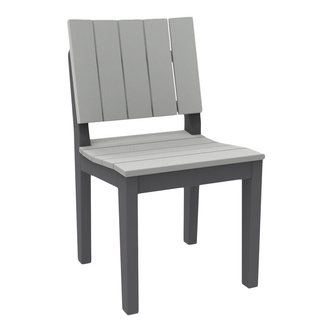 Gray slatted chair with a light gray seat and dark gray legs, offering a modern and chic design.