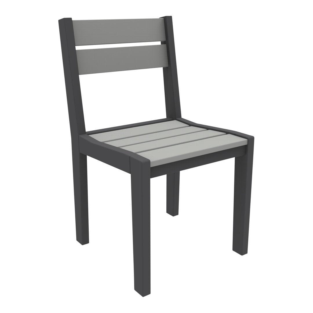 Gray wooden chair with a sleek design and horizontal slats on the seat and backrest. Modern and minimalist aesthetic.