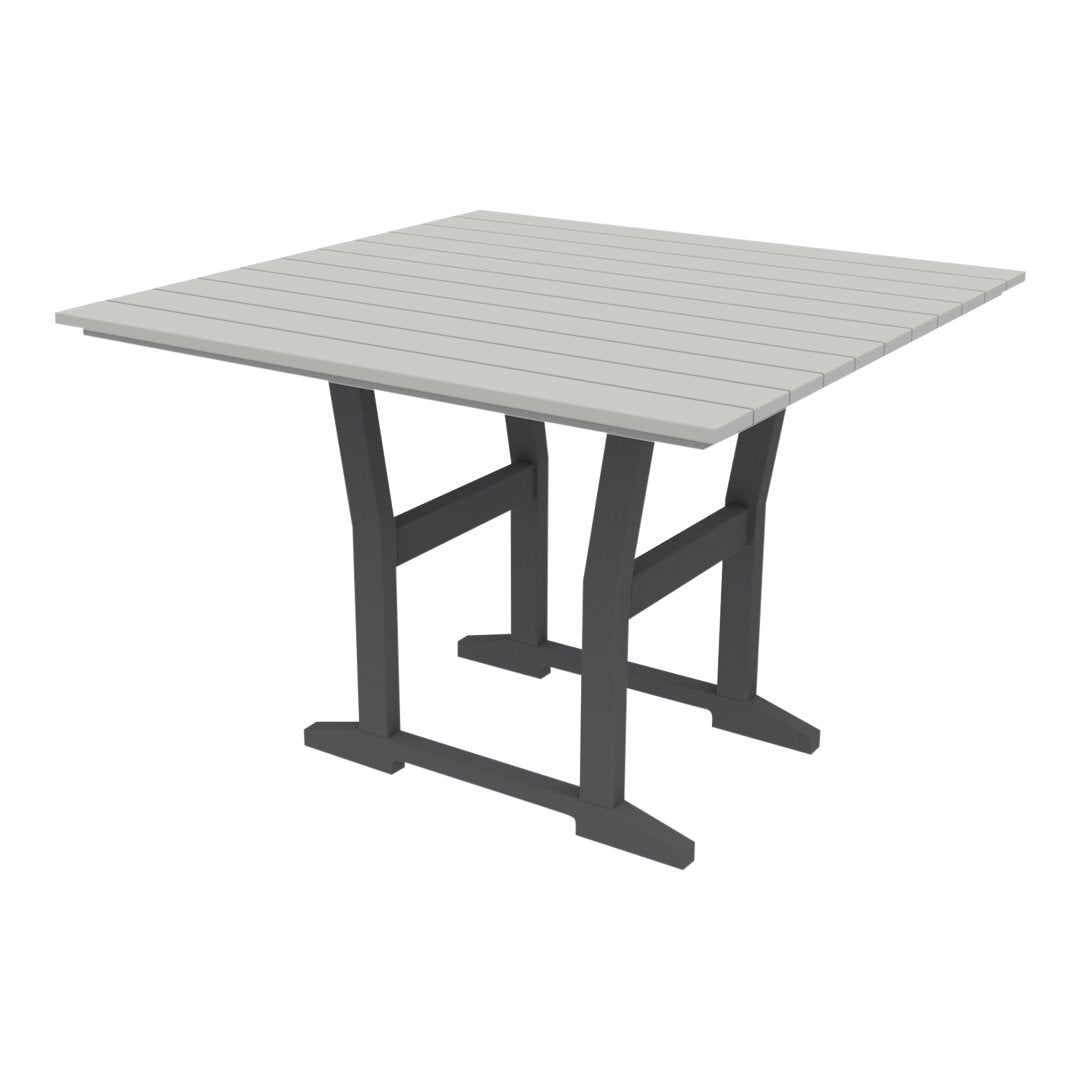 Square outdoor table featuring a light gray top with subtle slats and a dark gray metal frame for modern appeal.