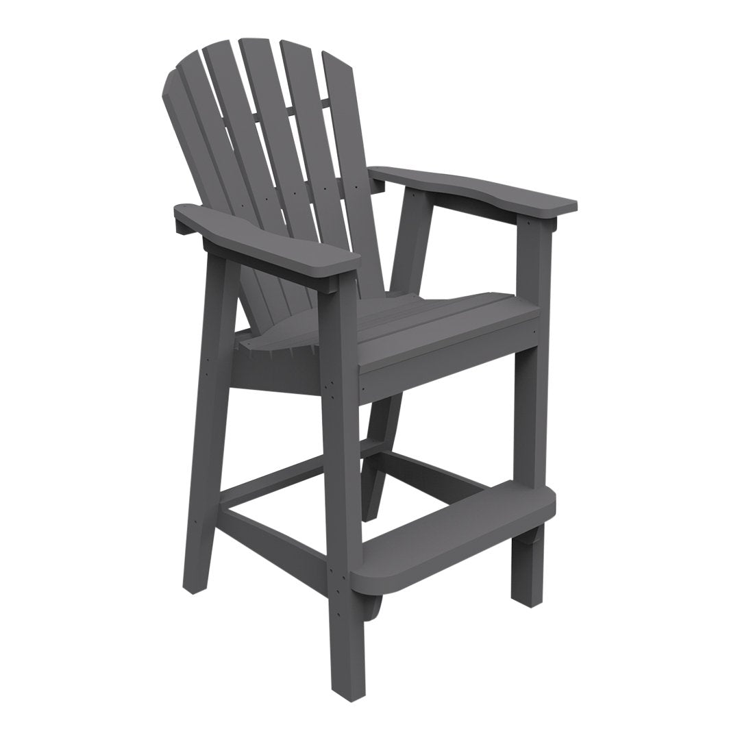 Gray wooden high chair with slatted back and armrests, featuring a sleek, modern design for outdoor or indoor use.