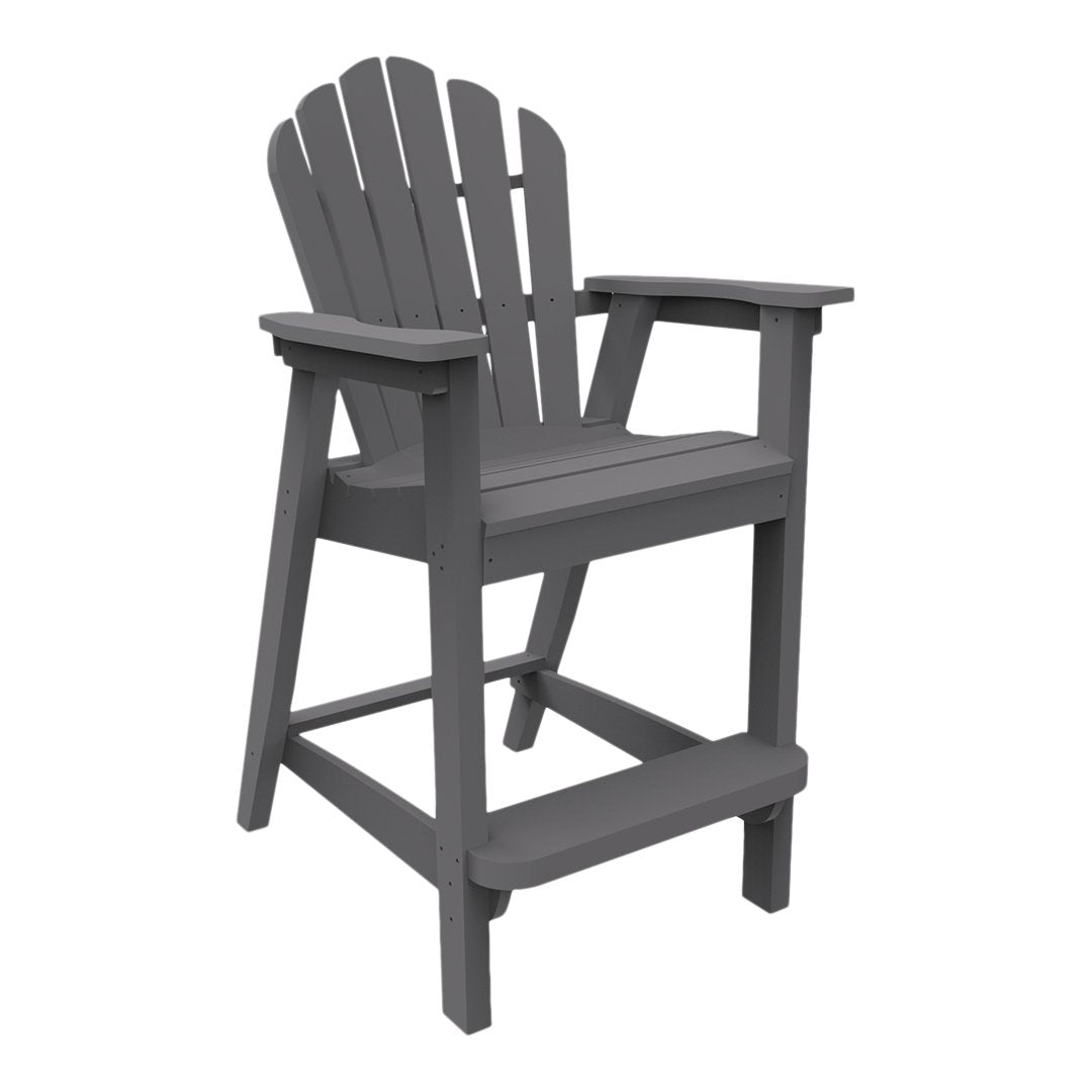 Gray outdoor high chair with classic slatted design, perfect for patio or deck use.