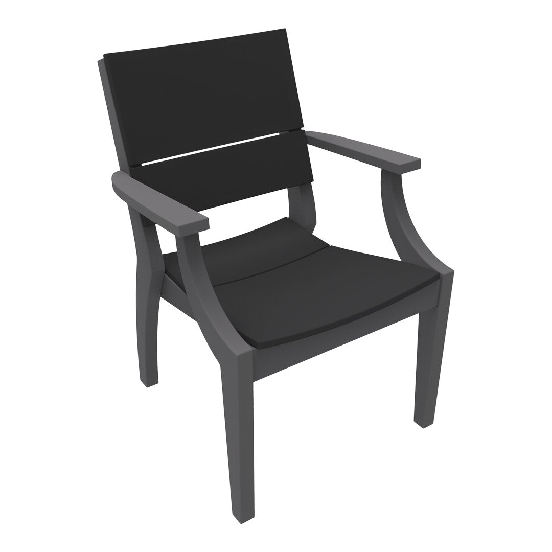 Black patio chair with a sleek, modern design featuring a minimalist pattern and sturdy, dark grey armrests.