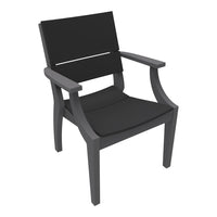 Black patio chair with a sleek, modern design featuring a minimalist pattern and sturdy, dark grey armrests.