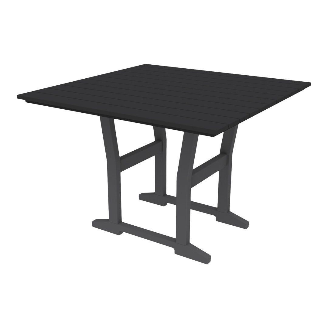 Square outdoor table in solid black with a sleek slatted design and sturdy gray legs. Perfect for modern patios.
