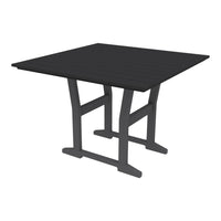 Square outdoor table in solid black with a sleek slatted design and sturdy gray legs. Perfect for modern patios.