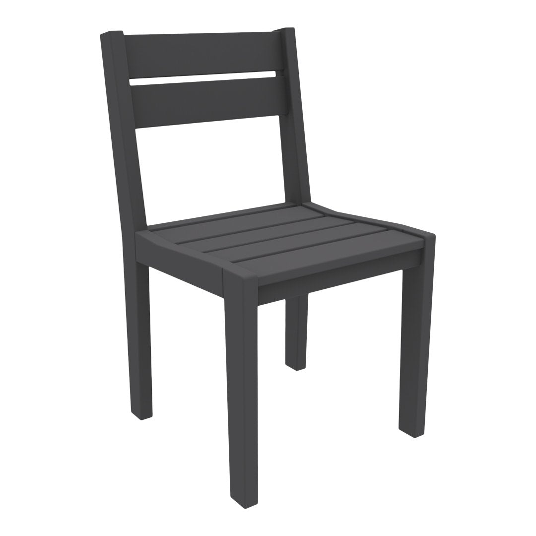 "Solid black wooden chair with a slatted seat and backrest, showcasing a sleek, minimalist design."