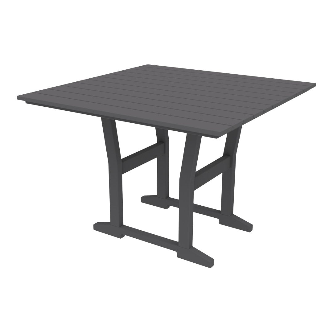 Dark gray square table with slatted surface and sturdy cross-leg design. Perfect for modern outdoor spaces.