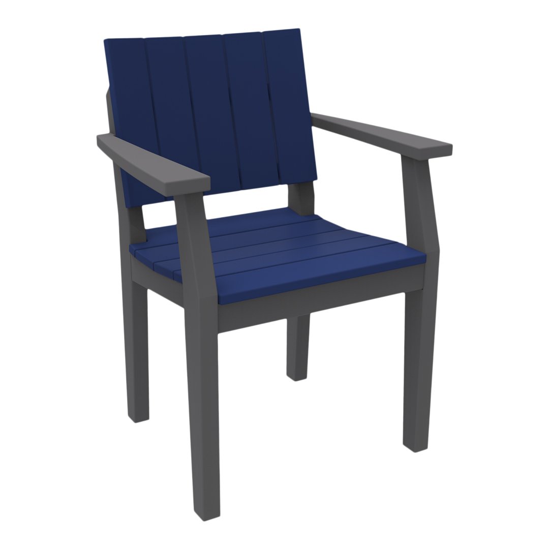 Navy blue slatted seat and backrest with gray frame armchair, perfect for outdoor or patio decor.