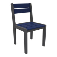 Navy blue slatted seat and back with a sleek gray frame, perfect for modern decor.
