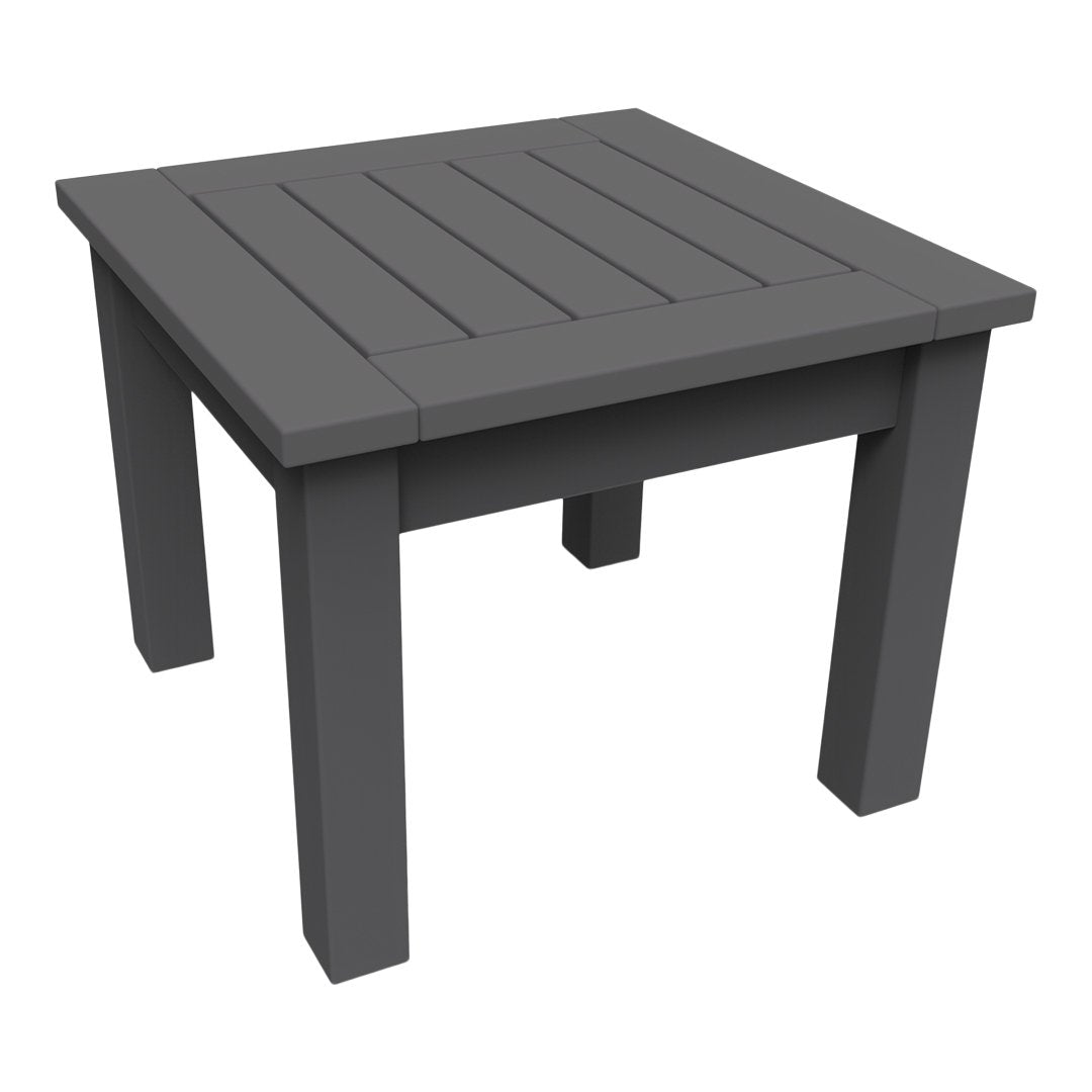 Square slate gray outdoor table with horizontal slatted surface and sturdy legs. Perfect for modern patio decor.