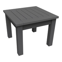 Square slate gray outdoor table with horizontal slatted surface and sturdy legs. Perfect for modern patio decor.
