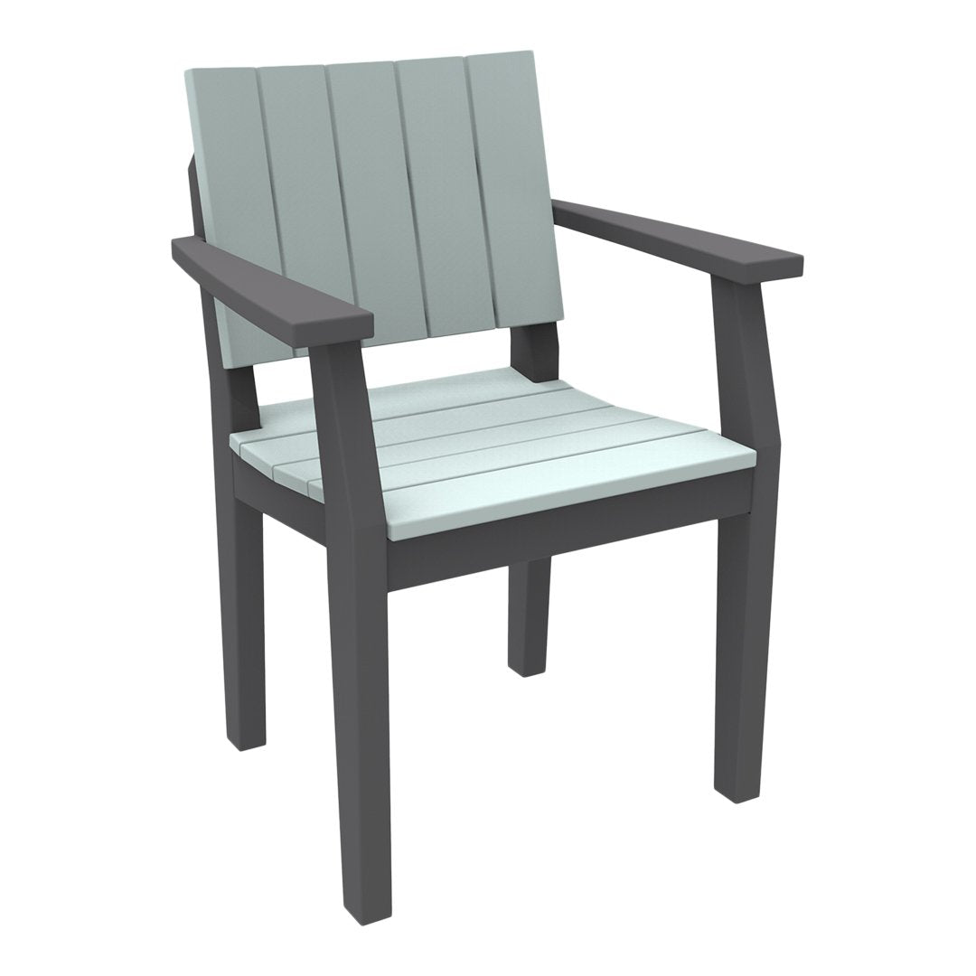 Light blue and gray chair with a slatted design and sturdy arms, perfect for outdoor dining or relaxing.