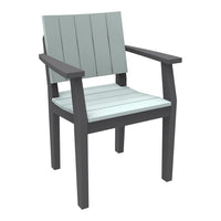 Light blue and gray chair with a slatted design and sturdy arms, perfect for outdoor dining or relaxing.