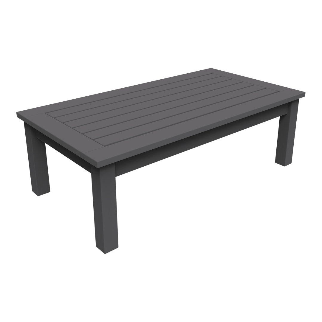 Gray rectangular outdoor coffee table with a slatted top and sturdy legs, perfect for modern patios.
