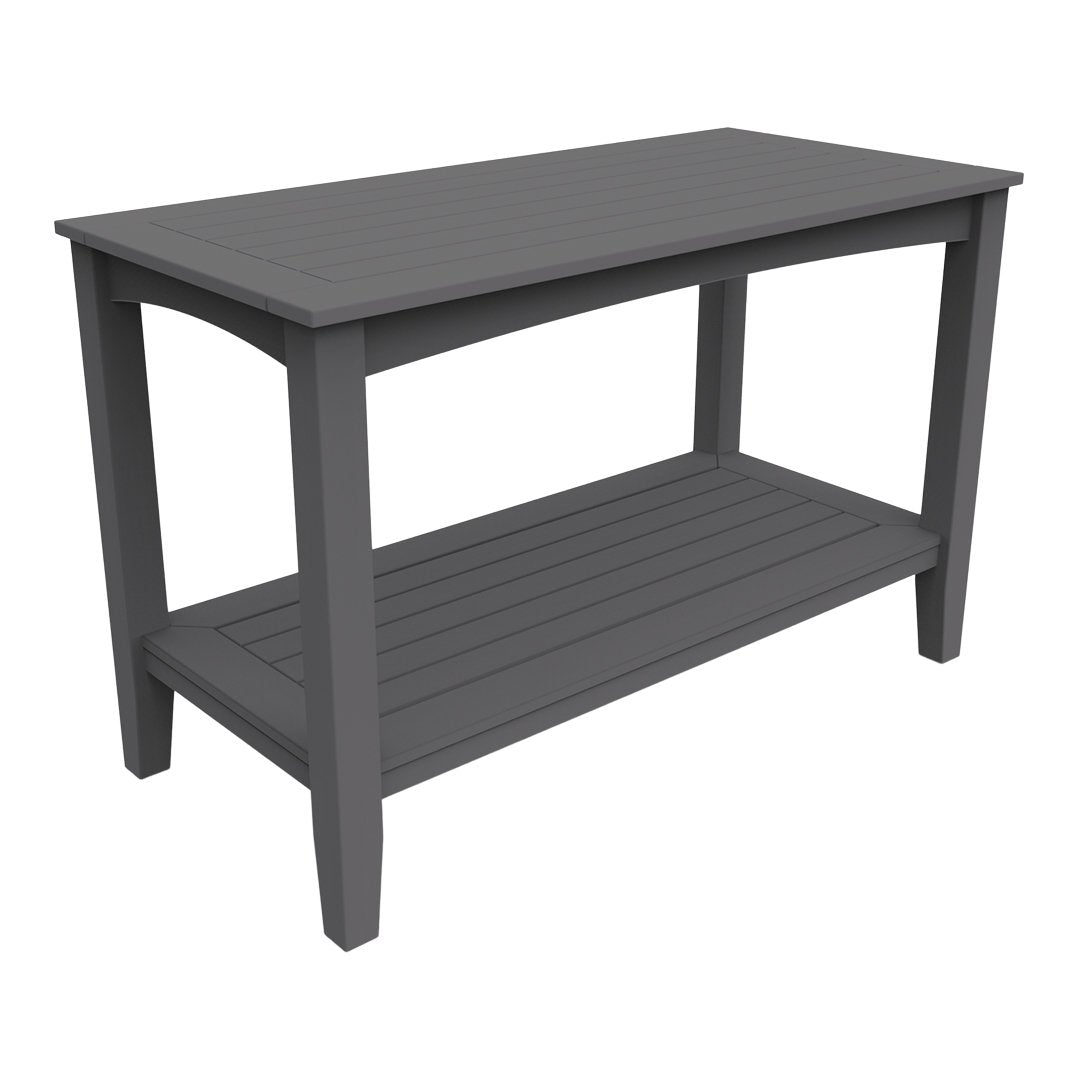 Gray rectangular table with a smooth top and slatted shelf, featuring a minimalist and modern design.