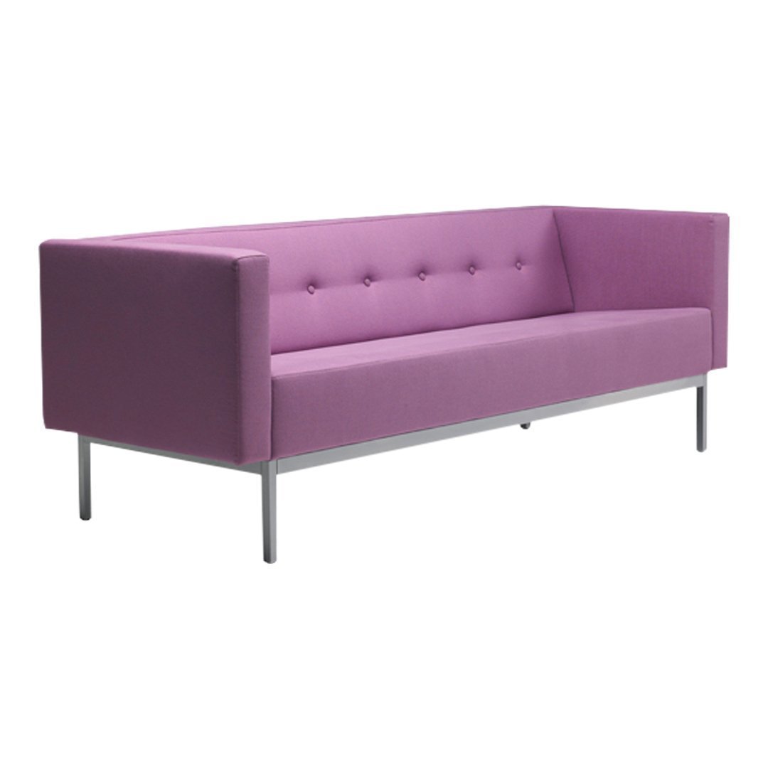 Modern purple sofa with a smooth texture and button-tufted design; sleek metal legs complement the contemporary style.