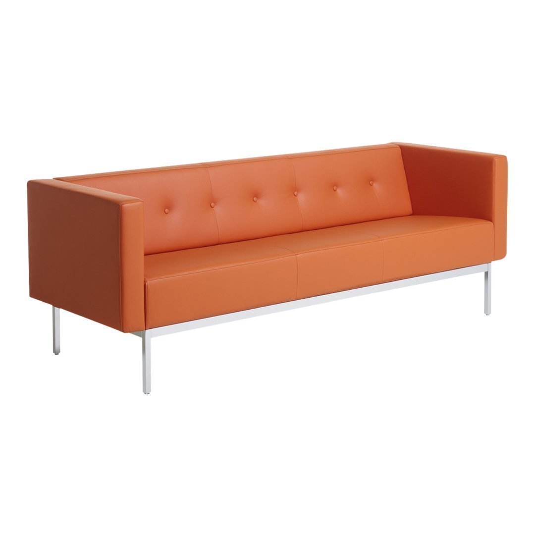 Modern orange sofa with a sleek design and tufted details, perfect for contemporary living spaces.