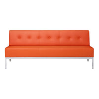 Orange tufted sofa with smooth leather finish and sleek silver legs. Modern design ideal for contemporary spaces.
