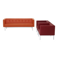 Modern orange sofa with tufted design and two burgundy armchairs on sleek metal legs. Perfect for stylish interiors.