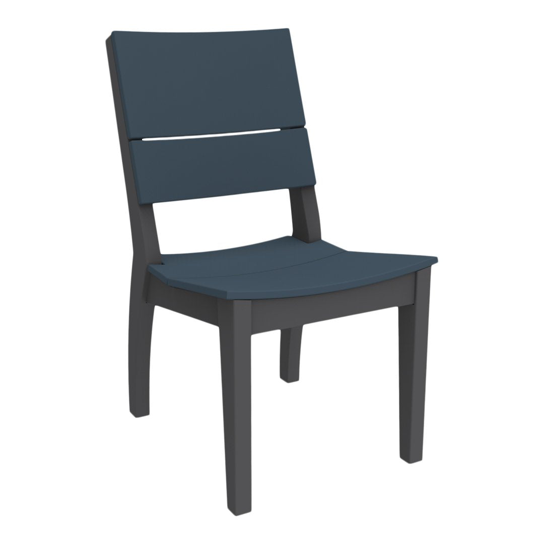 Navy blue chair with slatted back and sleek black legs, perfect for modern home decor.