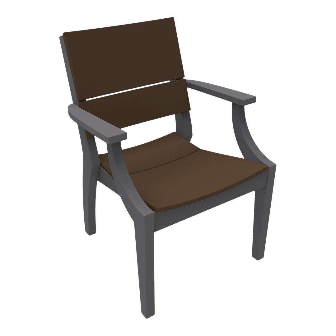 Brown slatted seat and backrest with a contrasting gray frame, ideal for outdoor settings.