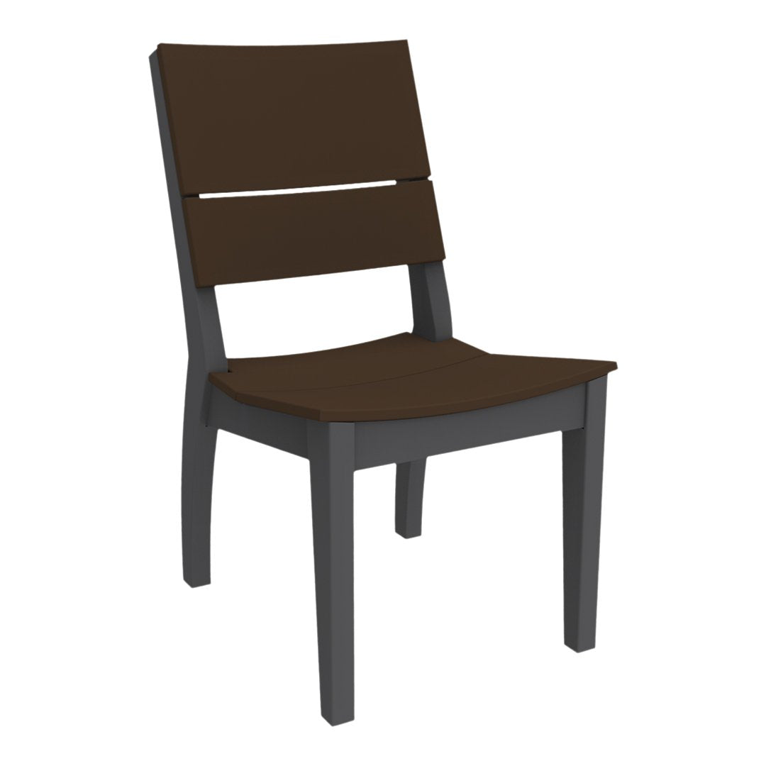Brown wooden chair with a sleek, minimalist design and contrasting dark gray legs. Ideal for modern decor.