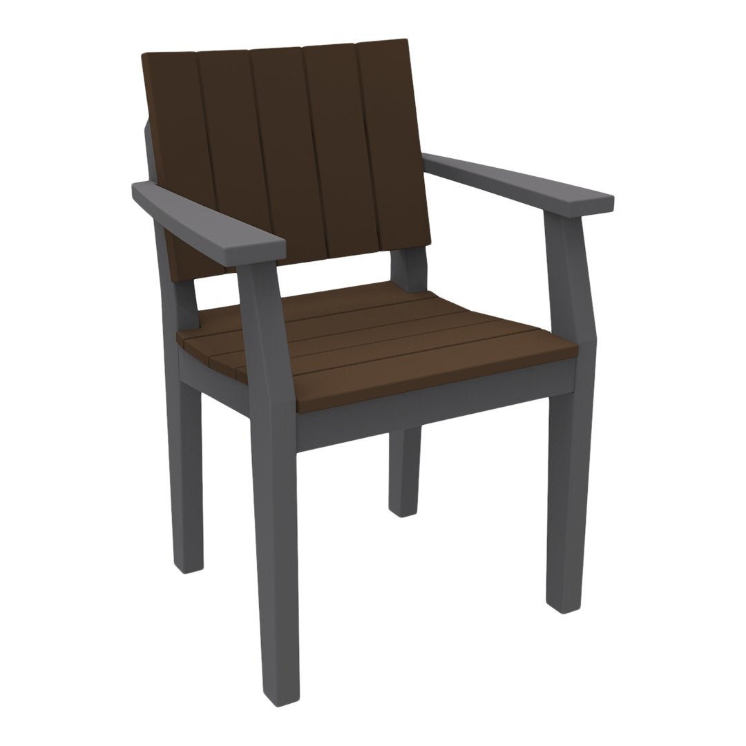 Brown slatted seat and backrest with gray arms and frame, perfect for outdoor or indoor use.
