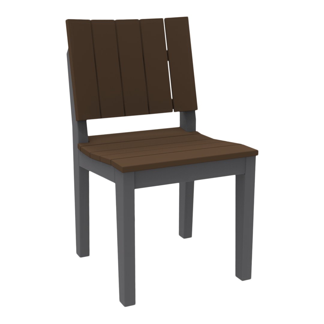 Brown slatted wooden chair with a dark gray frame, perfect for outdoor or indoor settings.