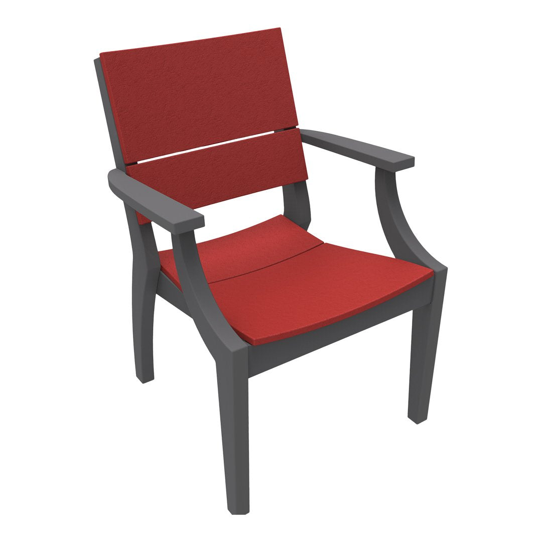 Red cushioned chair with grey armrests and frame, featuring a sleek, modern design. Perfect for outdoor decor.