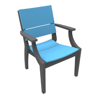 Blue outdoor chair with a sleek design and contrasting black frame. Perfect for stylish patio decor.