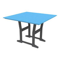 Blue slatted tabletop with a sleek black frame, perfect for indoor or outdoor dining.