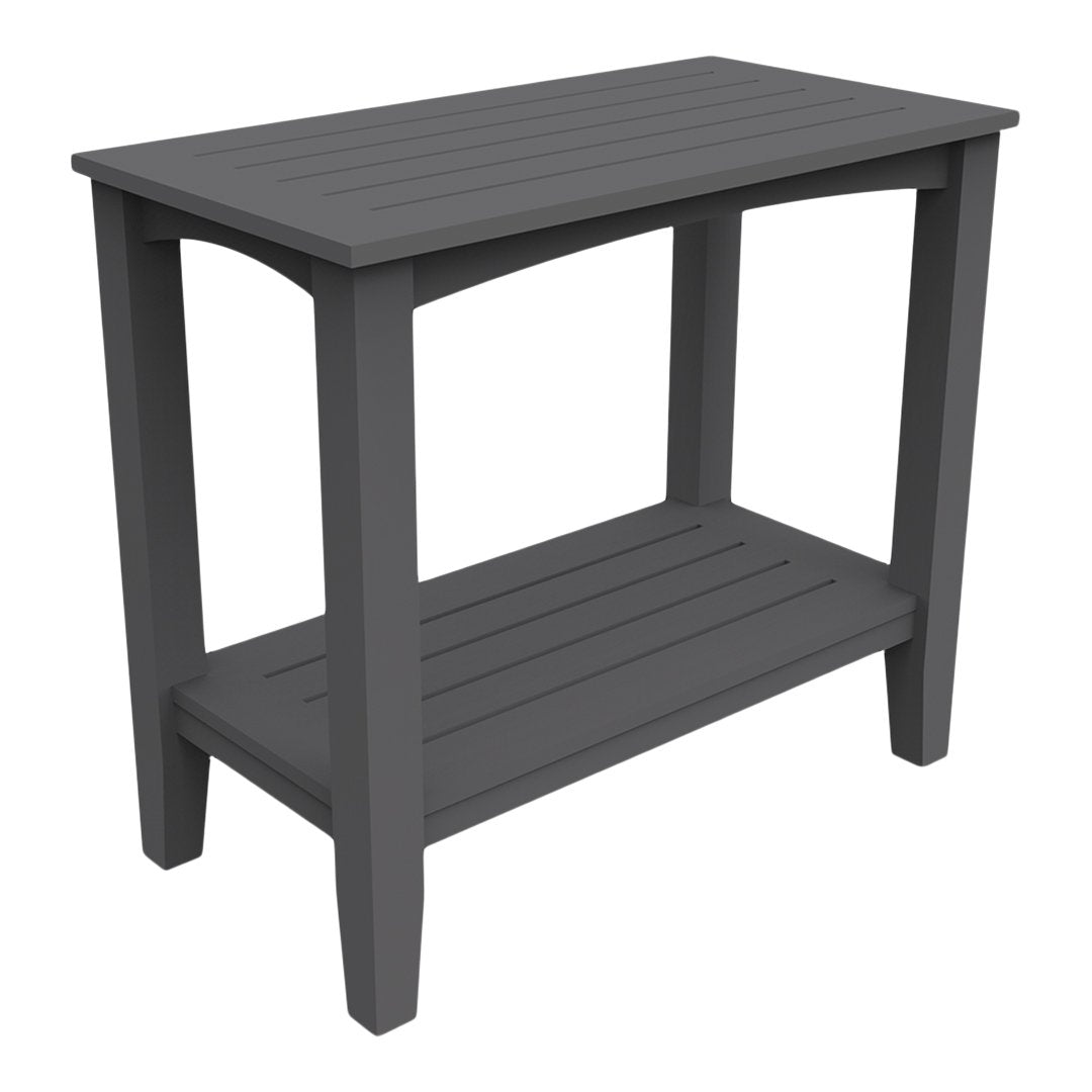 Gray slatted outdoor side table with a sleek, modern design and sturdy lower shelf for added storage.