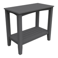 Gray slatted outdoor side table with a sleek, modern design and sturdy lower shelf for added storage.