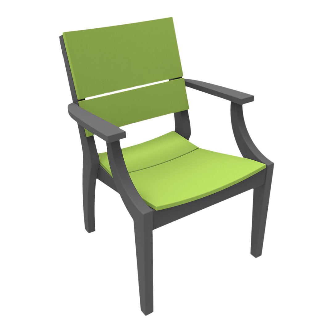 Modern patio chair with a vibrant green seat and backrest, complemented by a sleek black frame. Perfect for outdoor decor.