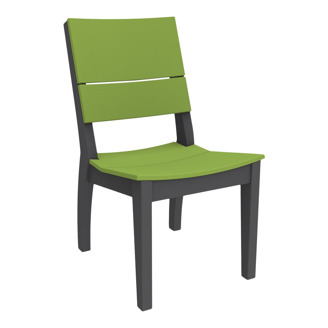 Green slatted chair with a sleek black frame, perfect for modern outdoor or indoor decor.