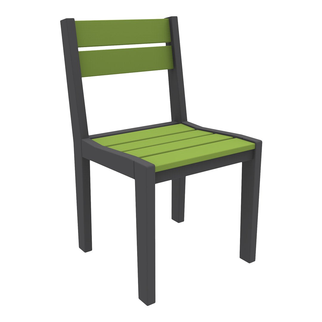 Green slatted chair with a black frame, perfect for modern outdoor or indoor decor.