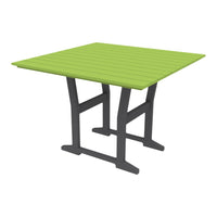 Square outdoor table in vibrant green with slatted surface and sturdy gray legs. Ideal for modern patios.